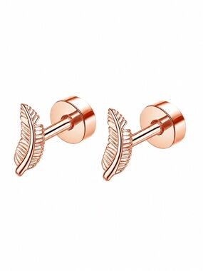 Rose Gold Feather Flat Back Stud Earrings 20G Cartilage Tragus Helix